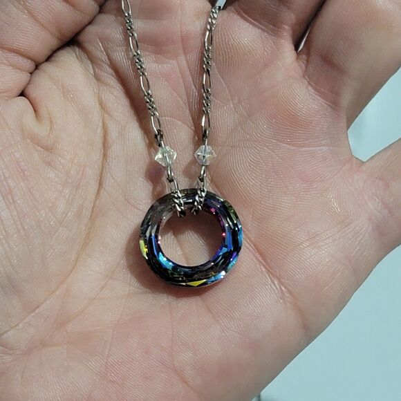 Silver Figaro Chain With Round Crystal 18" Necklace - Picture 2 of 11